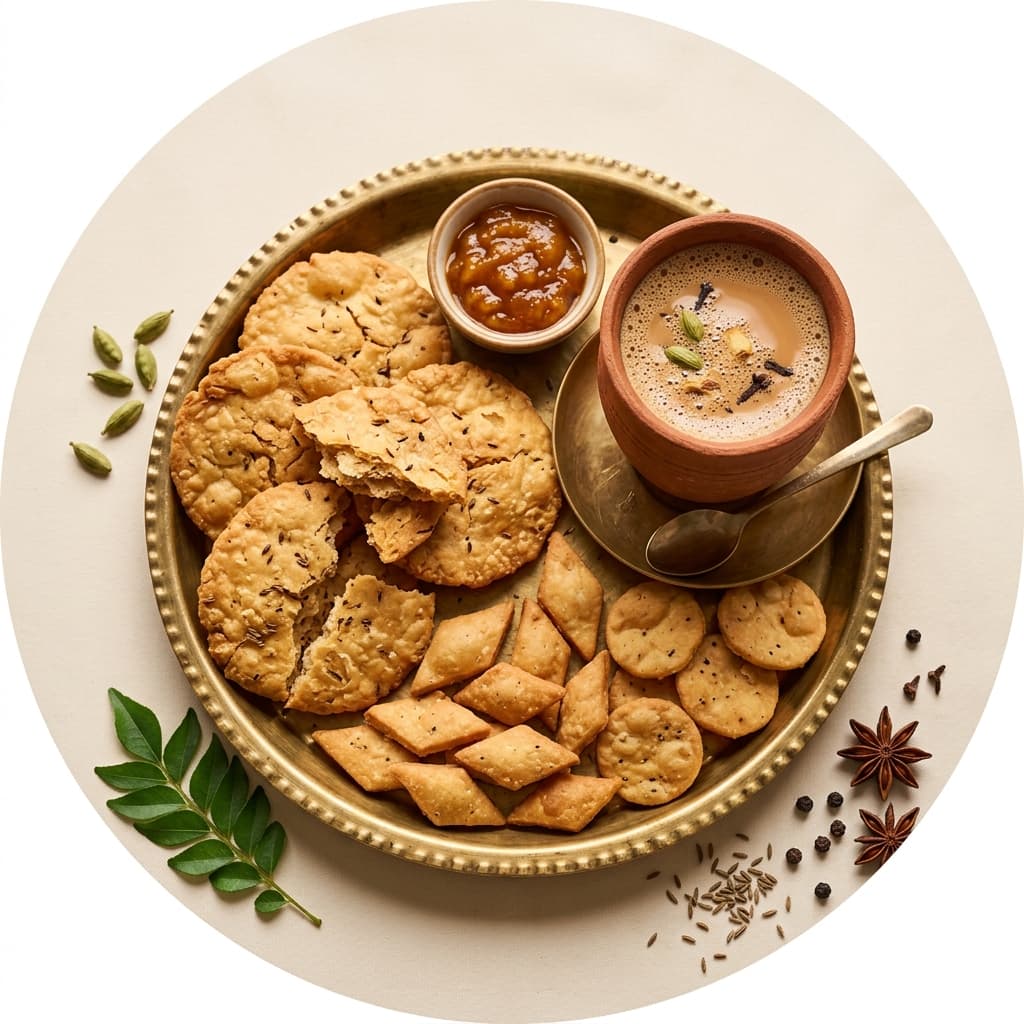 Handcrafted Indian snacks platter beside aromatic spiced chai